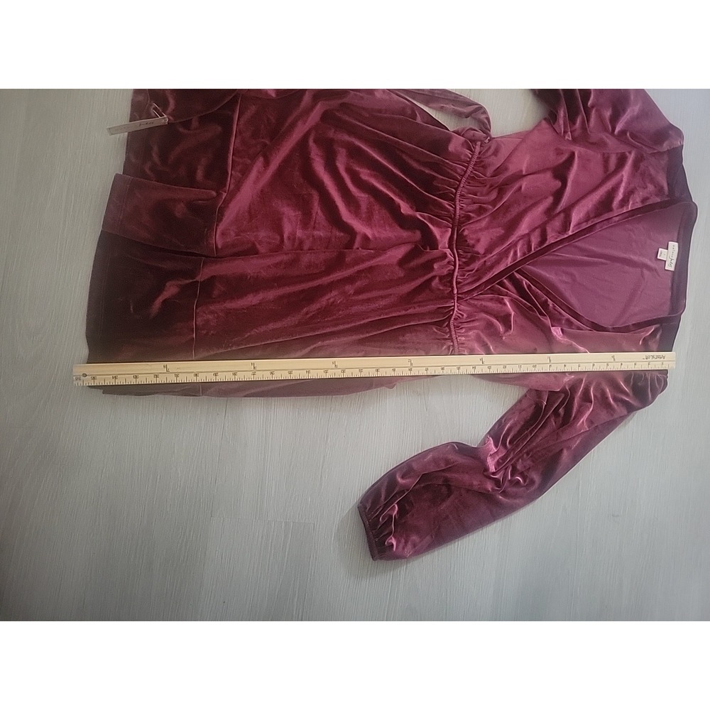 Velvet Burgundy Wrap Dress Long Sleeve Party Elegant Belted Mini gothic emo sexy - Picture 9 of 10